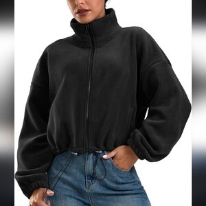 Bumeex Women sherpa fleece lined cropped full zip jacket. Black. Size Small.